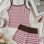 SHEIN Tween Girls Pink Brown Striped Knit Cami Top and Shorts Set