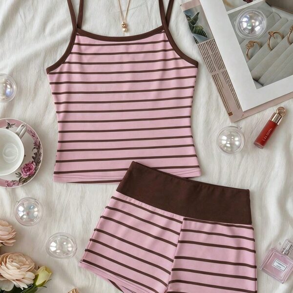 SHEIN Tween Girls Pink Brown Striped Knit Cami Top and Shorts Set