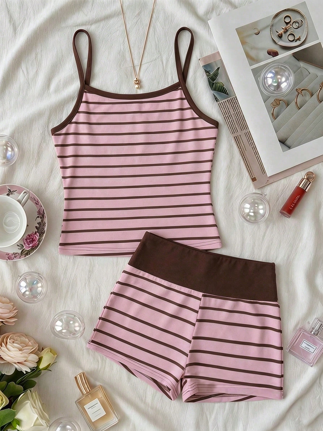 http___img.ltwebstatic.com_v4_j_pi_2026_07_01_5b_1782868470933ac34df1476e12cb87ac881a0d07aa SHEIN Tween Girls Pink Brown Striped Knit Cami Top and Shorts Set - Image 1