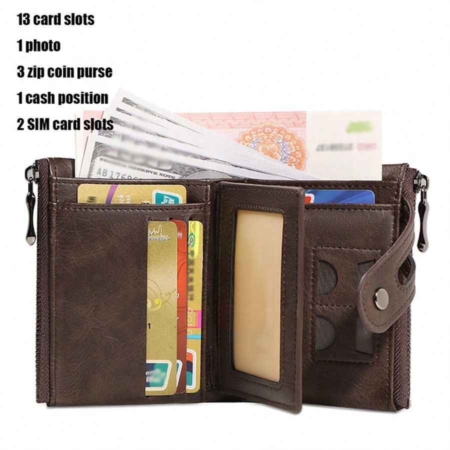 CAIBAOLAI Men's Vintage RFID Wallet with Chain, Double Zipper Large Capacity Card Holder - Image 5