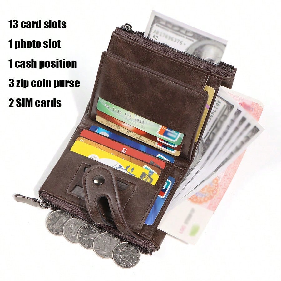 CAIBAOLAI Men's Vintage RFID Wallet with Chain, Double Zipper Large Capacity Card Holder - Image 4