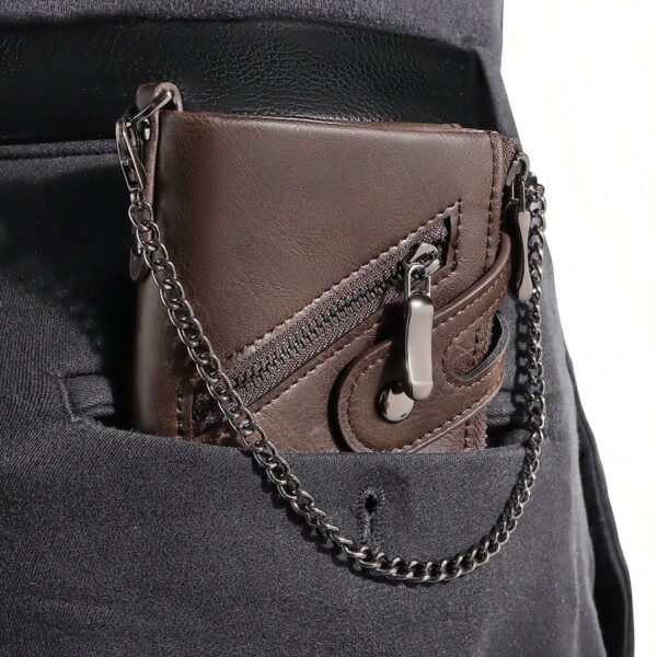 CAIBAOLAI Men's Vintage RFID Wallet with Chain, Double Zipper Large Capacity Card Holder