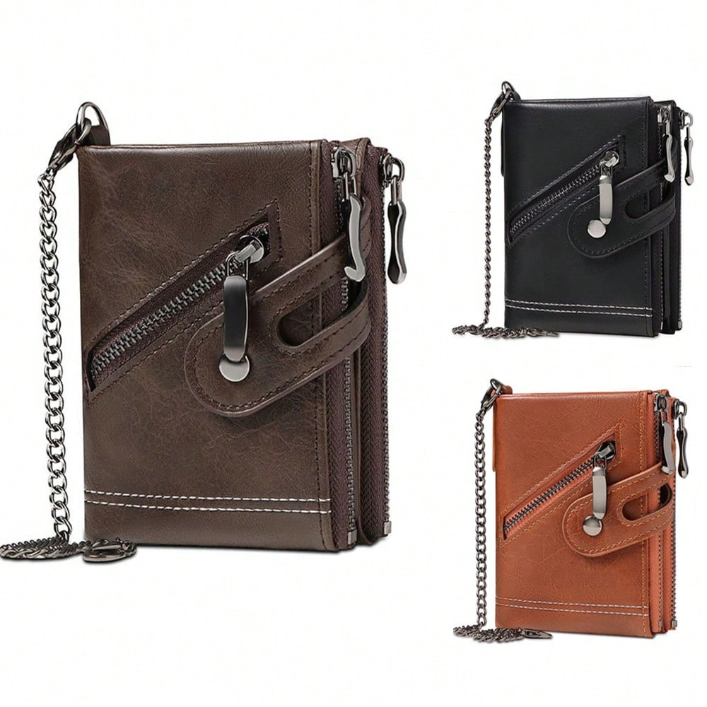CAIBAOLAI Men's Vintage RFID Wallet with Chain, Double Zipper Large Capacity Card Holder - Image 3