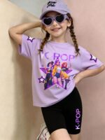 Young Girl Light Pink K POP T Shirt and Flare Pants Set, Cute Summer Outfit - Image 2