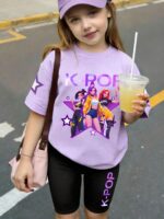 Young Girl Light Pink K POP T Shirt and Flare Pants Set, Cute Summer Outfit - Image 7