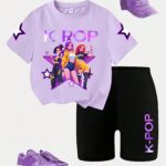 Young Girl Light Pink K POP T Shirt and Flare Pants Set, Cute Summer Outfit