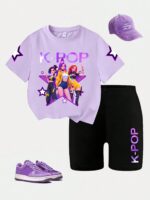 Young Girl Light Pink K POP T Shirt and Flare Pants Set, Cute Summer Outfit