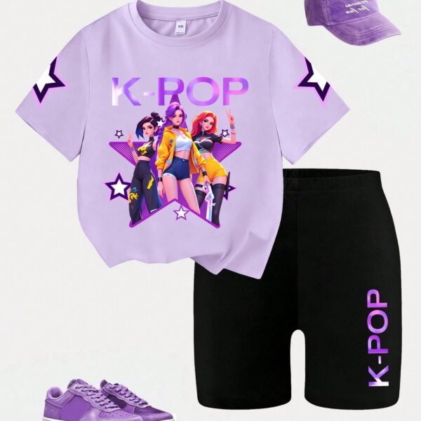 Young Girl Light Pink K POP T Shirt and Flare Pants Set, Cute Summer Outfit