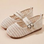 Girls Beige Mary Jane Sandals with Silver Buckle, Double Strap School Party Shoes