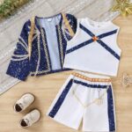 Young Girl 3 Piece Starry Sky Outfit Set, Jacket Vest and Shorts Party Costume
