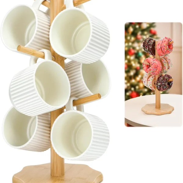 6 Cups Mug Tree, Wooden Mug Stand Cup Tree, Kitchen Storage Rack Coffee Cup Hol