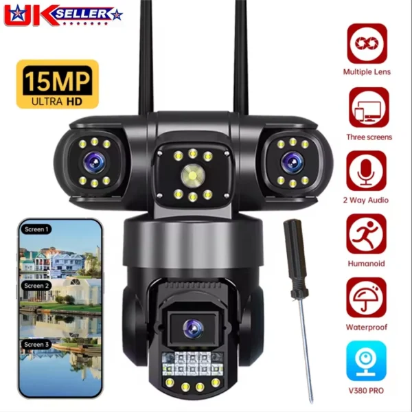 15MP Wireless IP Camera WiFi Outdoor CCTV PTZ Security Camera 3 Lens 2-Way Audio